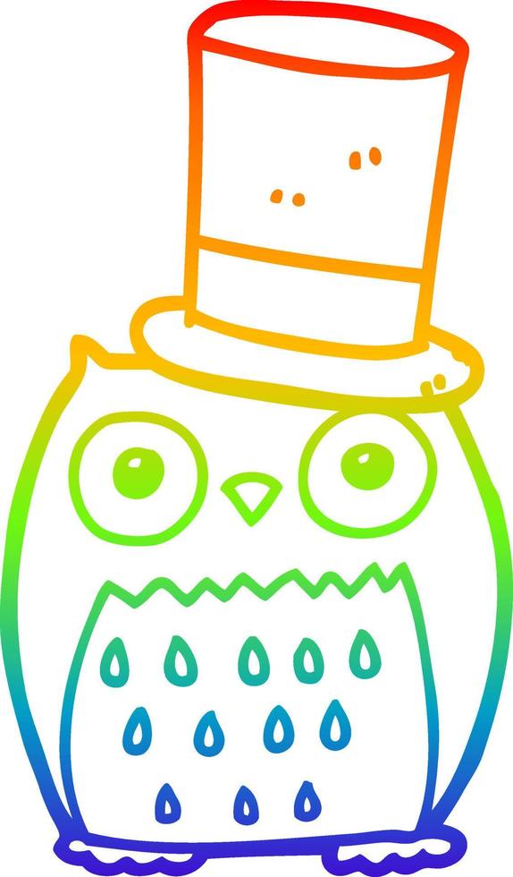 rainbow gradient line drawing cartoon owl wearing top hat vector