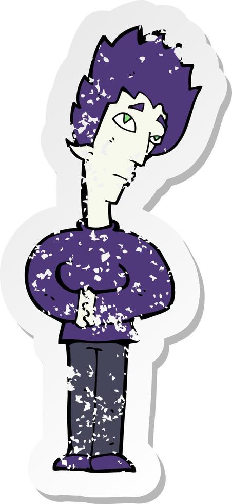 retro distressed sticker of a cartoon curious vampire vector