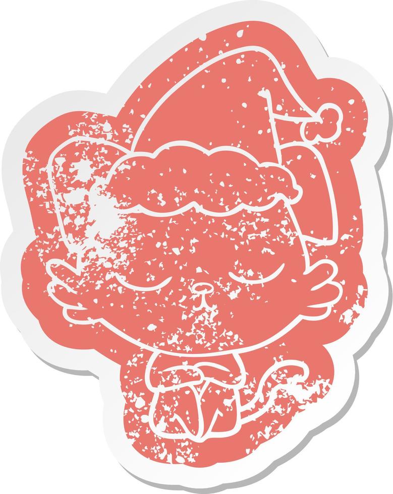 cute cartoon distressed sticker of a dog wearing santa hat vector