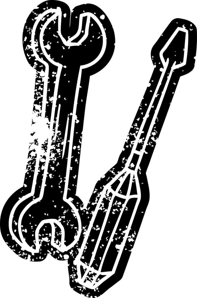 grunge icon drawing of a spanner and a screwdriver vector