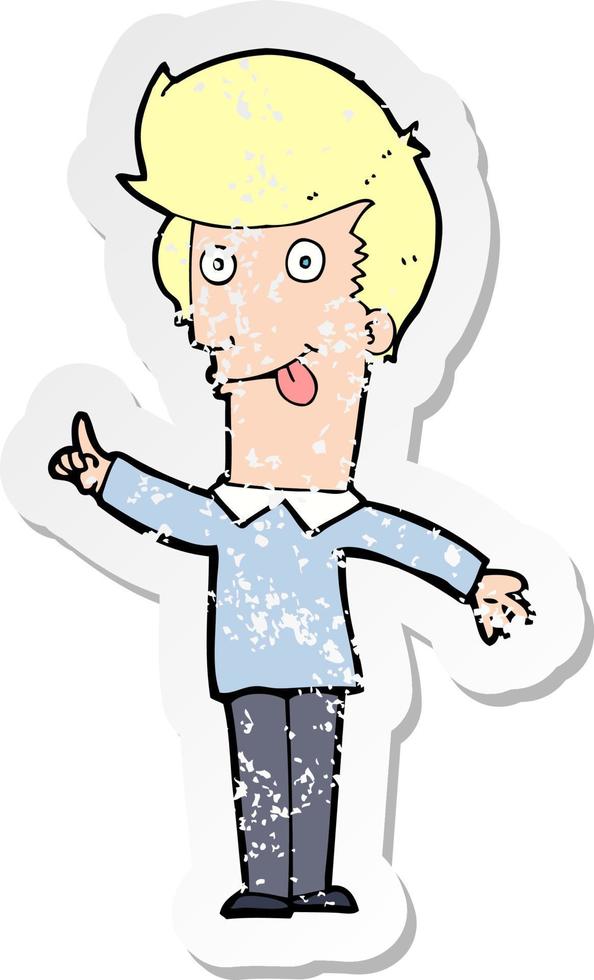 retro distressed sticker of a cartoon funny man with idea vector