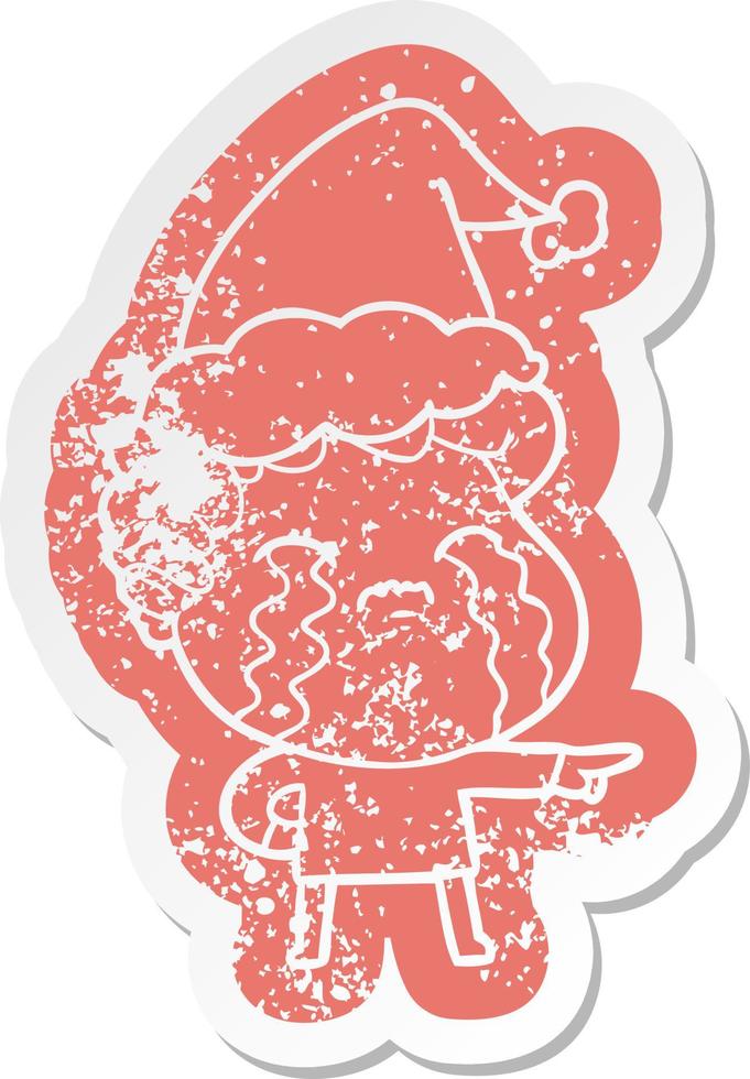 cartoon distressed sticker of a man crying wearing santa hat vector