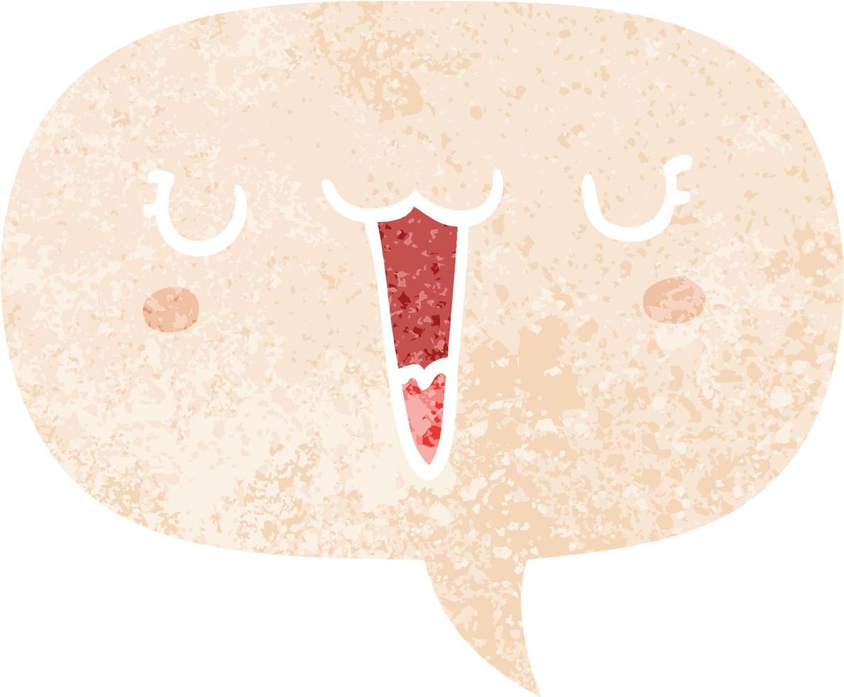 cute happy cartoon face and speech bubble in retro textured style vector