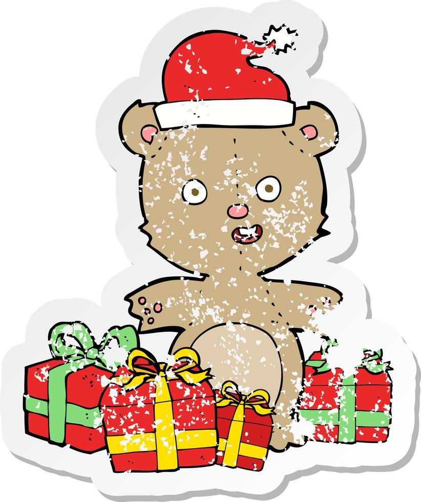 retro distressed sticker of a cartoon christmas teddy bear vector