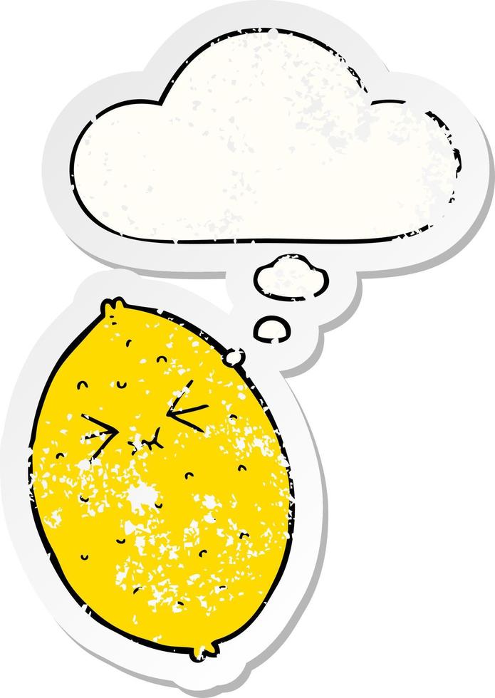 cartoon bitter lemon and thought bubble as a distressed worn sticker vector