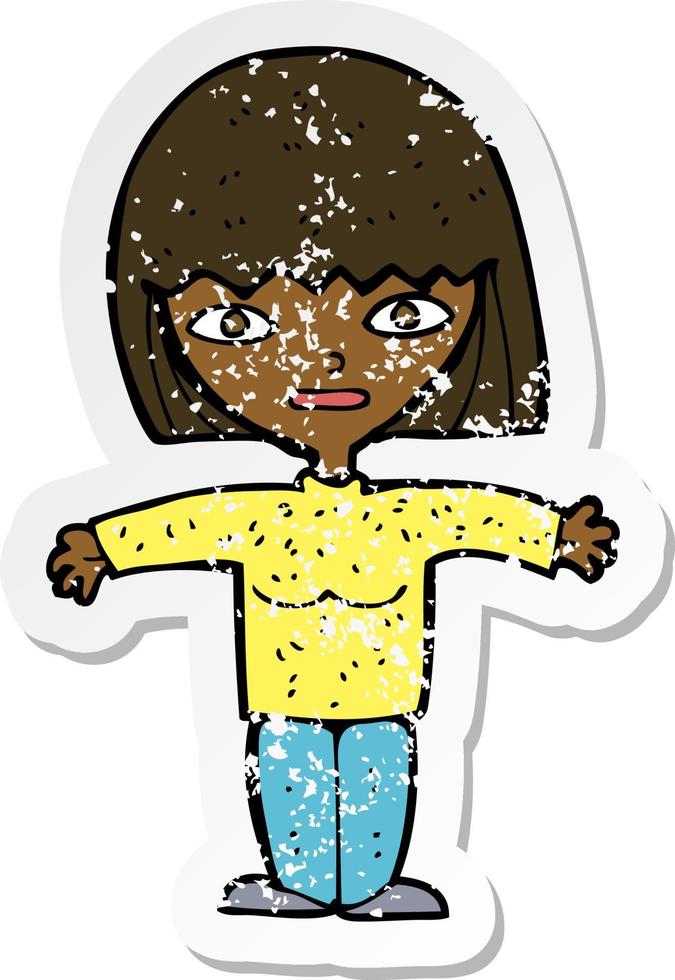 retro distressed sticker of a cartoon woman with open arms vector