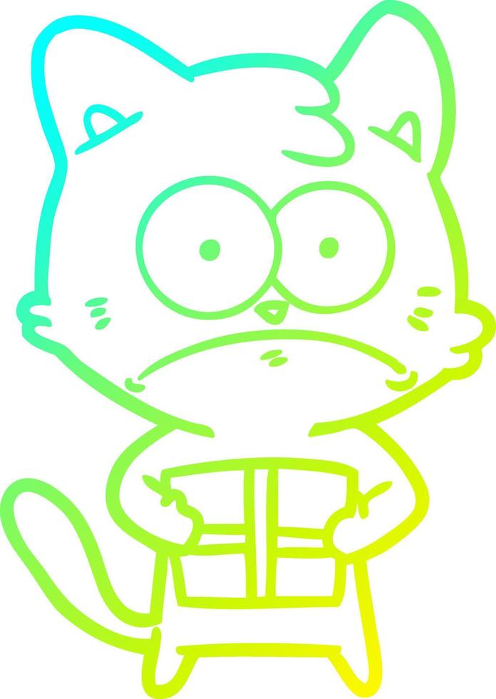 cold gradient line drawing cartoon cat with present vector