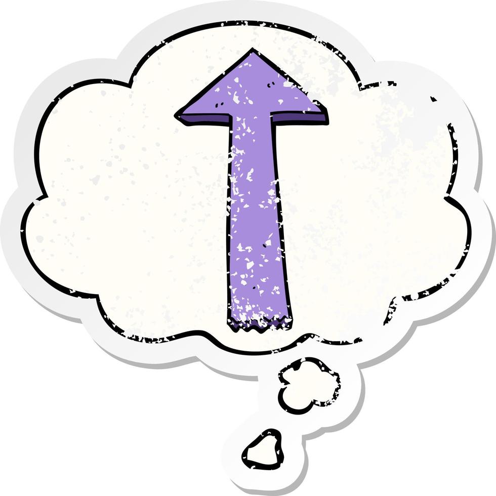 cartoon pointing arrow and thought bubble as a distressed worn sticker vector