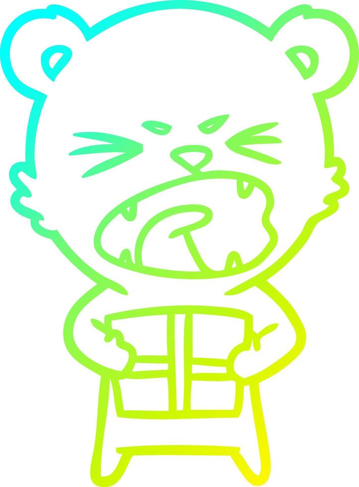 cold gradient line drawing angry cartoon bear with present vector
