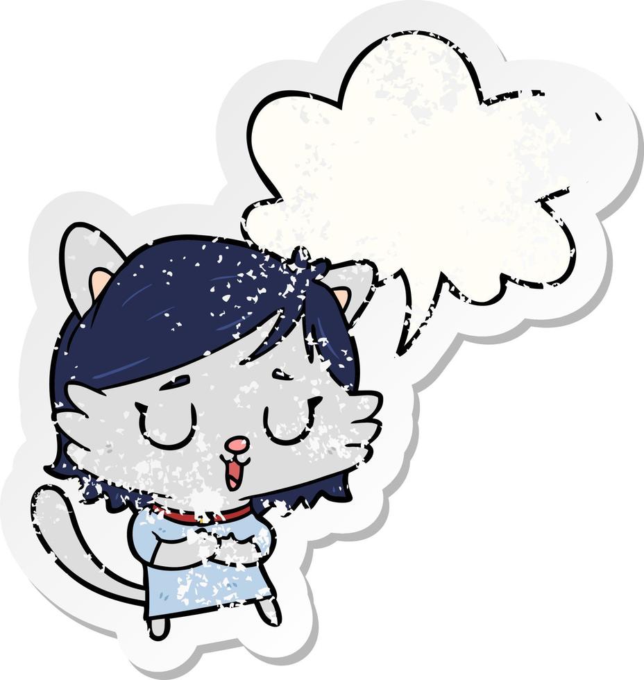 cartoon cat girl and speech bubble distressed sticker vector