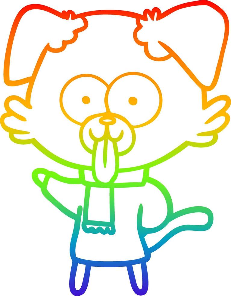 rainbow gradient line drawing cartoon dog in winter clothes vector