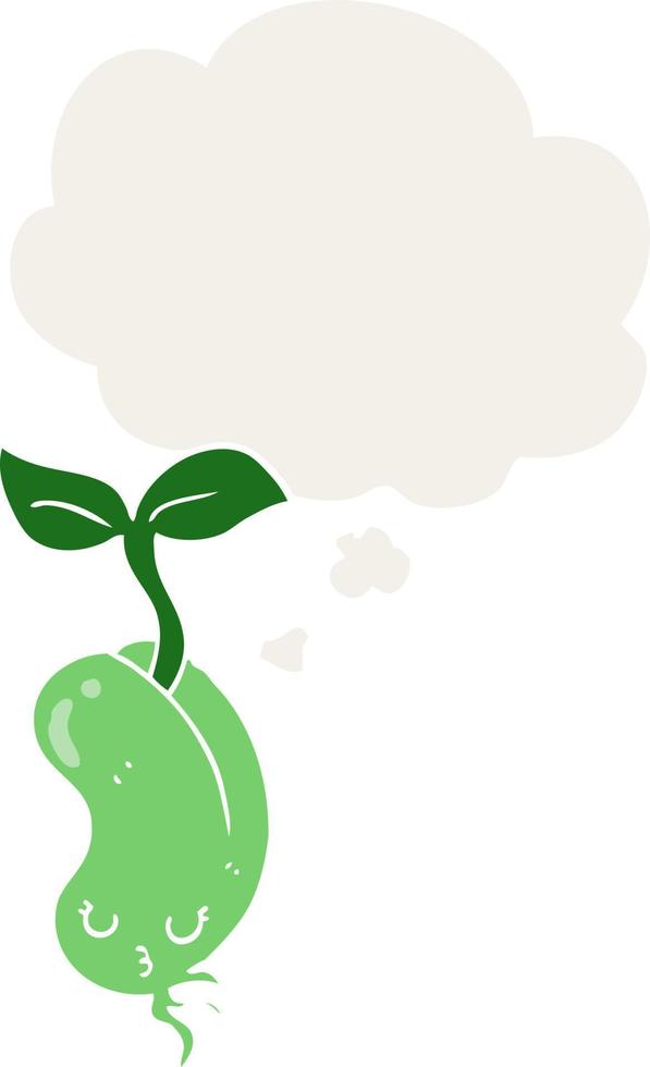 cartoon sprouting bean and thought bubble in retro style vector