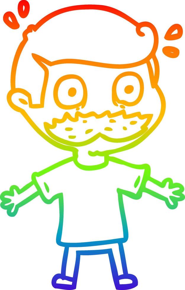 rainbow gradient line drawing cartoon man with mustache shocked vector