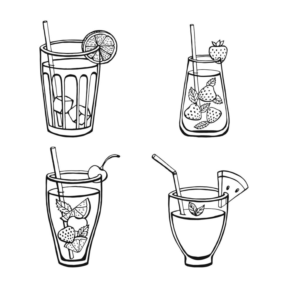 establecer bebidas de verano sin alcohol aisladas sobre fondo blanco. imágenes vectoriales de menú en estilo boceto. vector