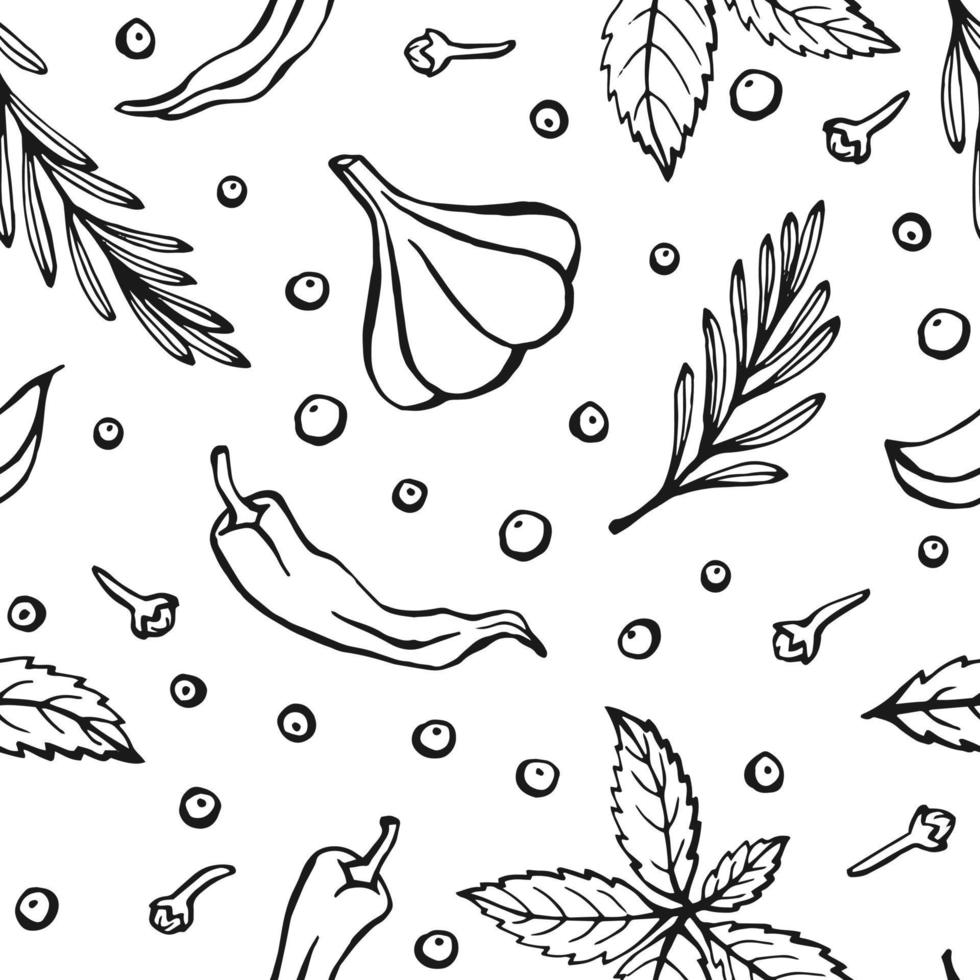 Seamless pattern with herbs and spices. Hand drawn vector illustration in sketch style.