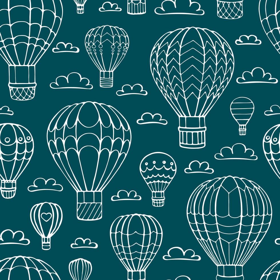 Seamless pattern hot air balloon and cloud. Hand drawn outline doodle. Vector illustration.
