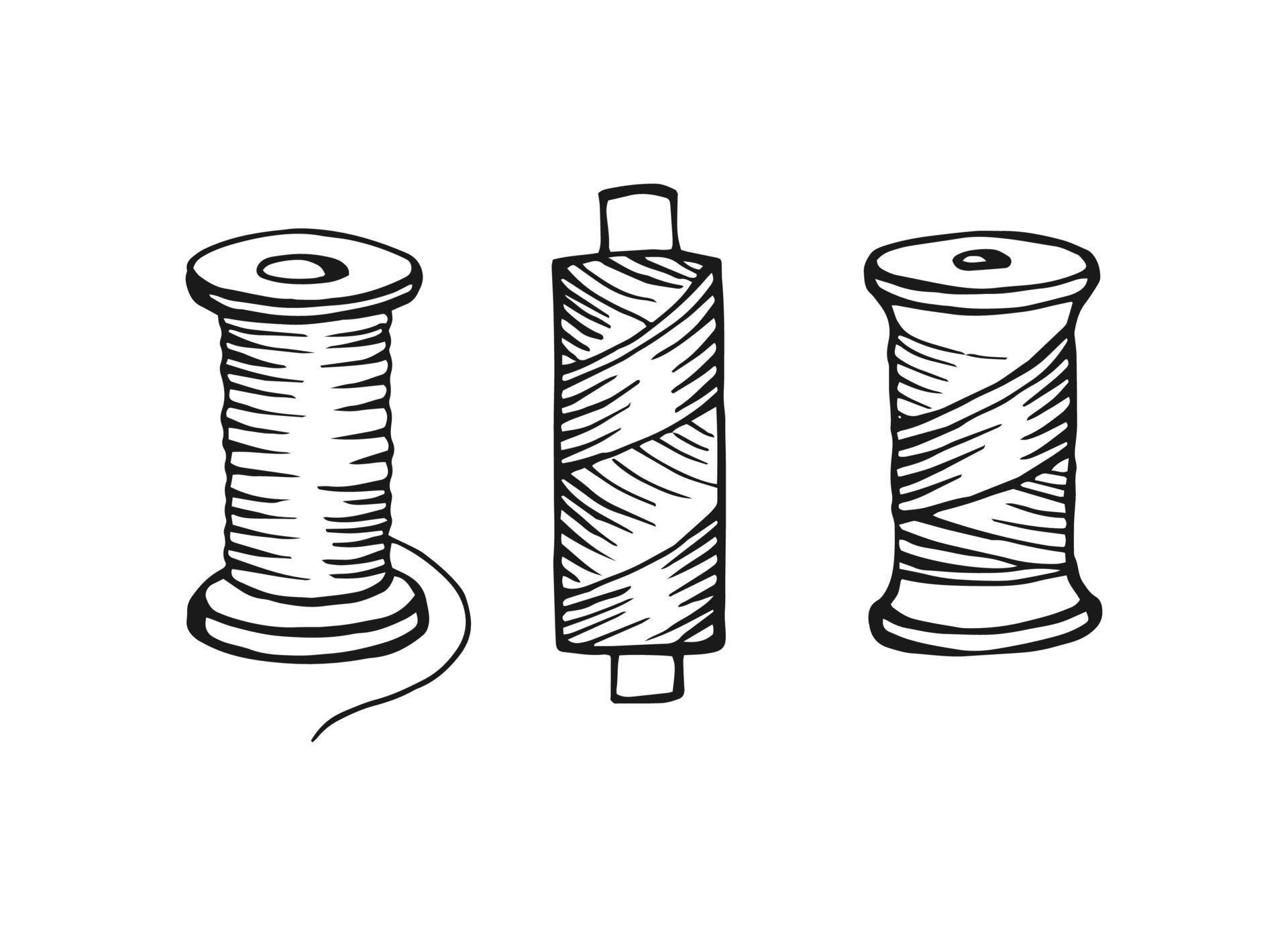 Bobbins with threads for sewing. Sketch in graphic technique. Vector