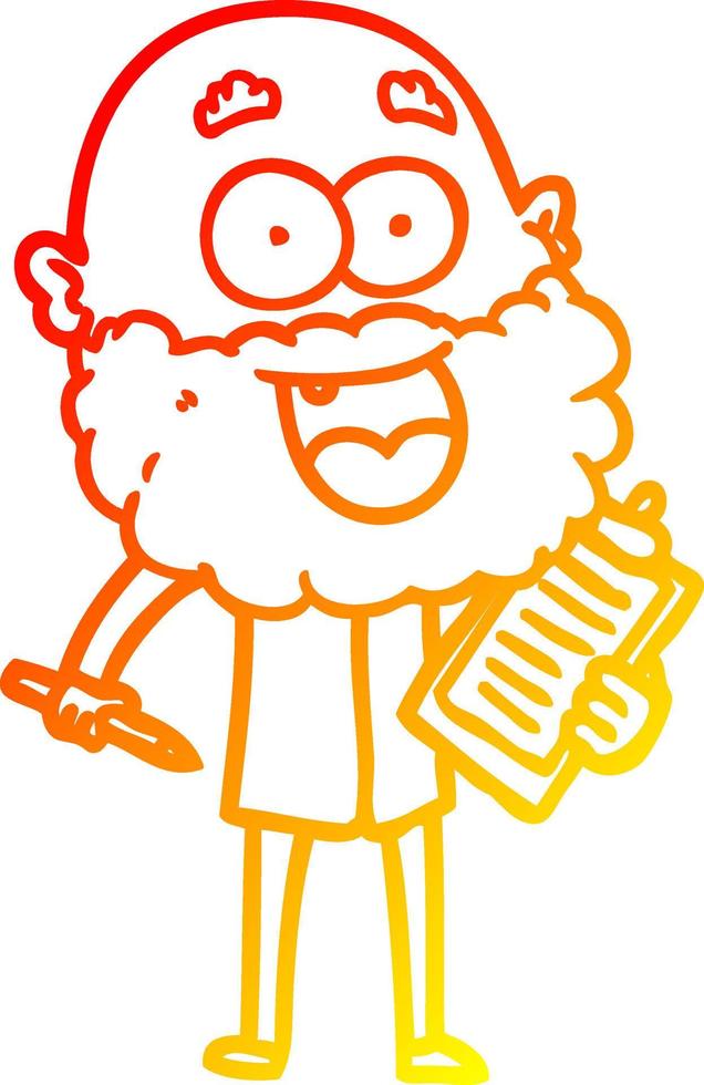 dibujo de línea de gradiente cálido hombre feliz loco de dibujos animados con barba y portapapeles para notas vector