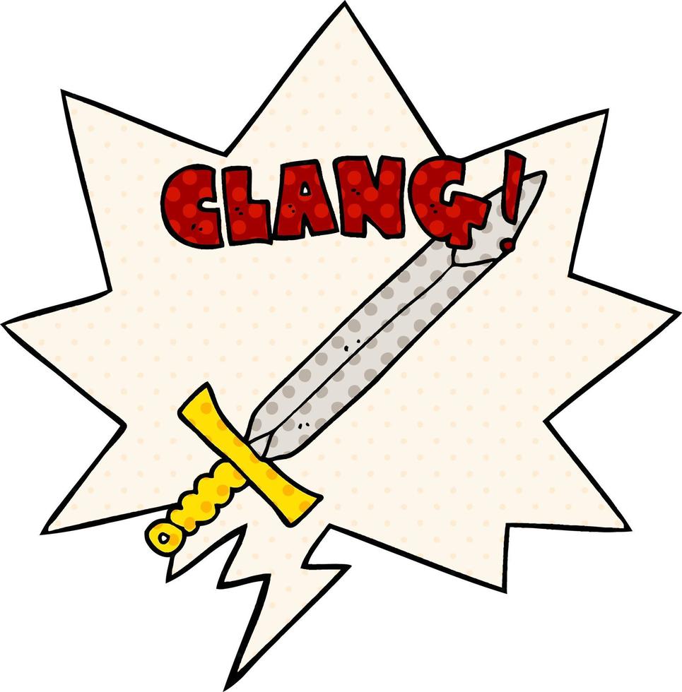 cartoon clanging sword and speech bubble in comic book style vector