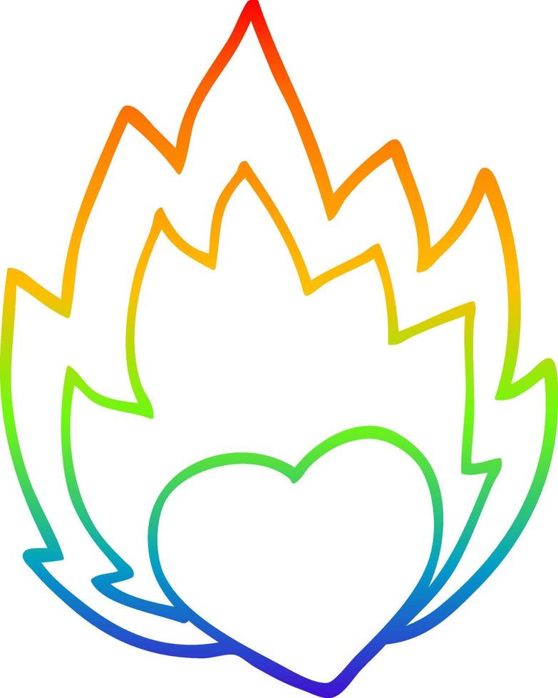 dibujo de línea de gradiente de arco iris corazón llameante de dibujos animados vector