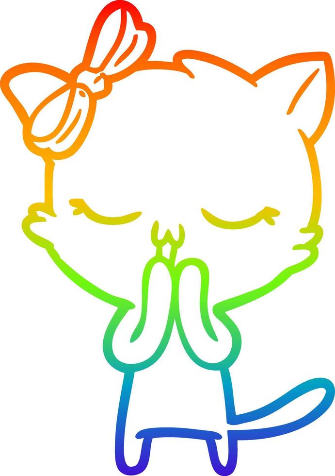 rainbow gradient line drawing cartoon cat with bow on head vector