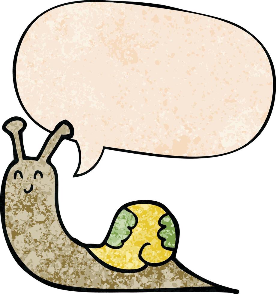 cute cartoon snail and speech bubble in retro texture style vector