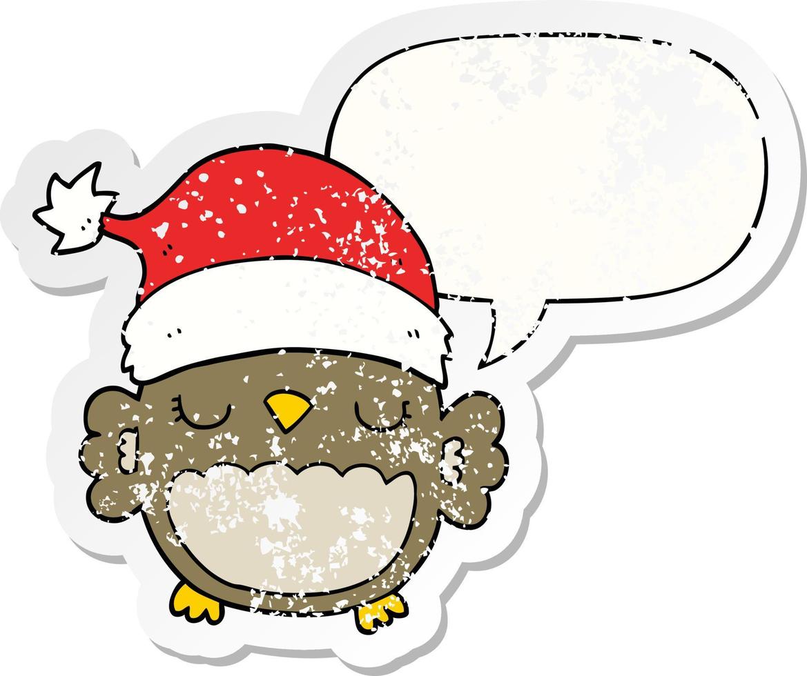 cute christmas owl and speech bubble distressed sticker vector