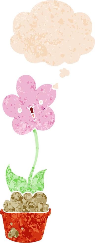 cute cartoon flower and thought bubble in retro textured style vector