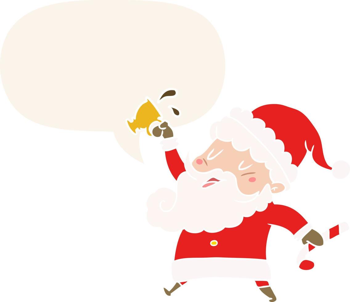 dibujos animados de santa claus y chocolate caliente y burbujas de habla en estilo retro vector