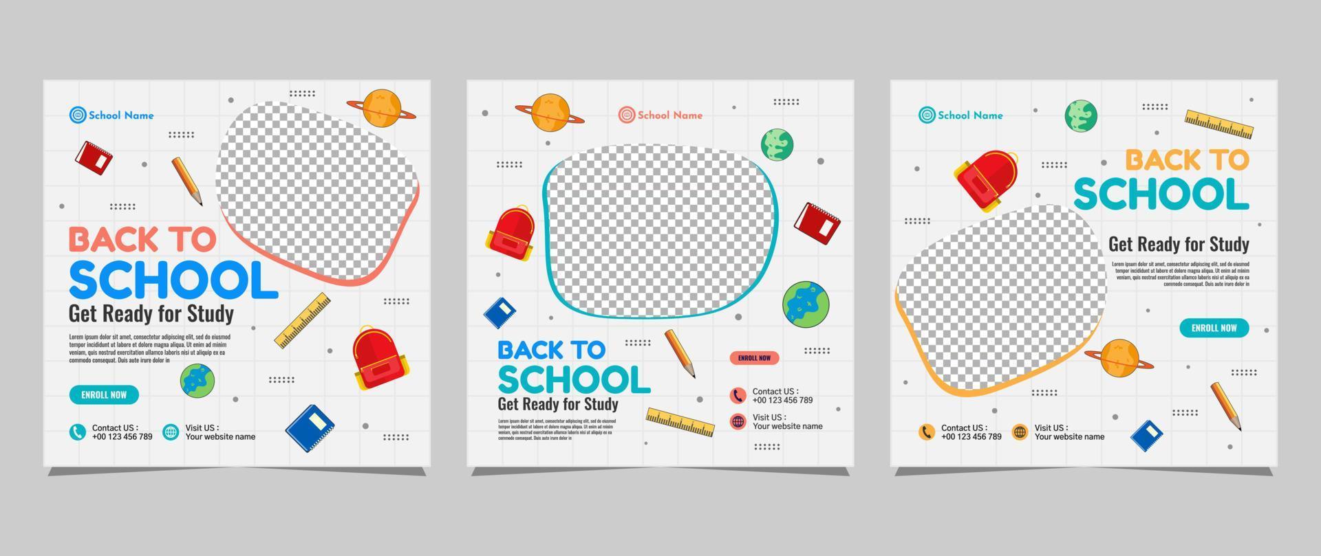 Back to school social media post template design. For web ads, postcard, card, business messages, discount flyers and big sale banners vector