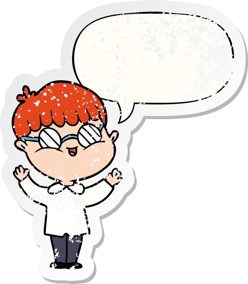 cartoon boy wearing spectacles and speech bubble distressed sticker vector