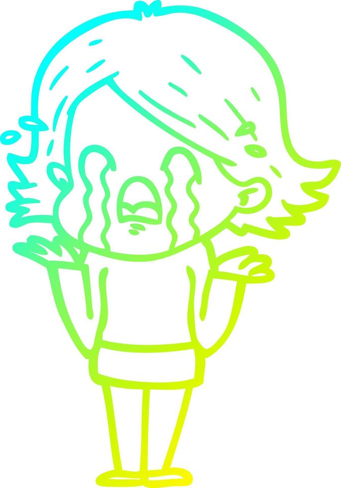 cold gradient line drawing cartoon woman crying vector