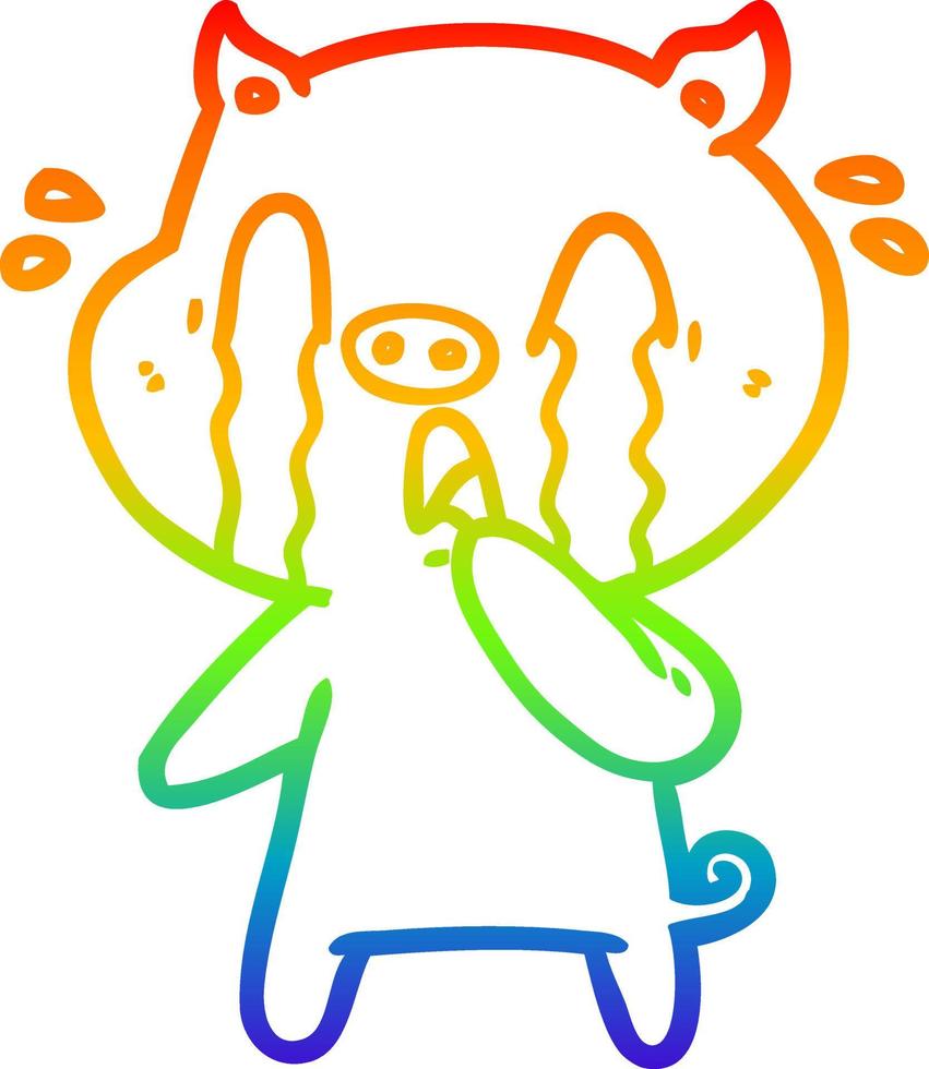 rainbow gradient line drawing crying pig cartoon vector