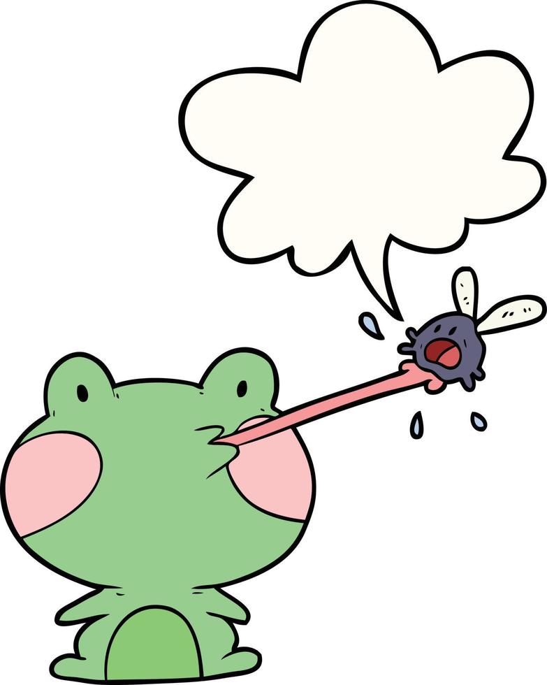 Linda rana de dibujos animados atrapando moscas y burbujas de lengua y habla vector
