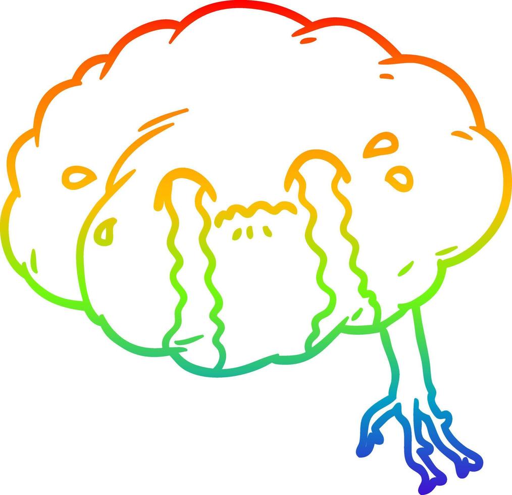 dibujo de línea de gradiente de arco iris cerebro de dibujos animados con dolor de cabeza vector