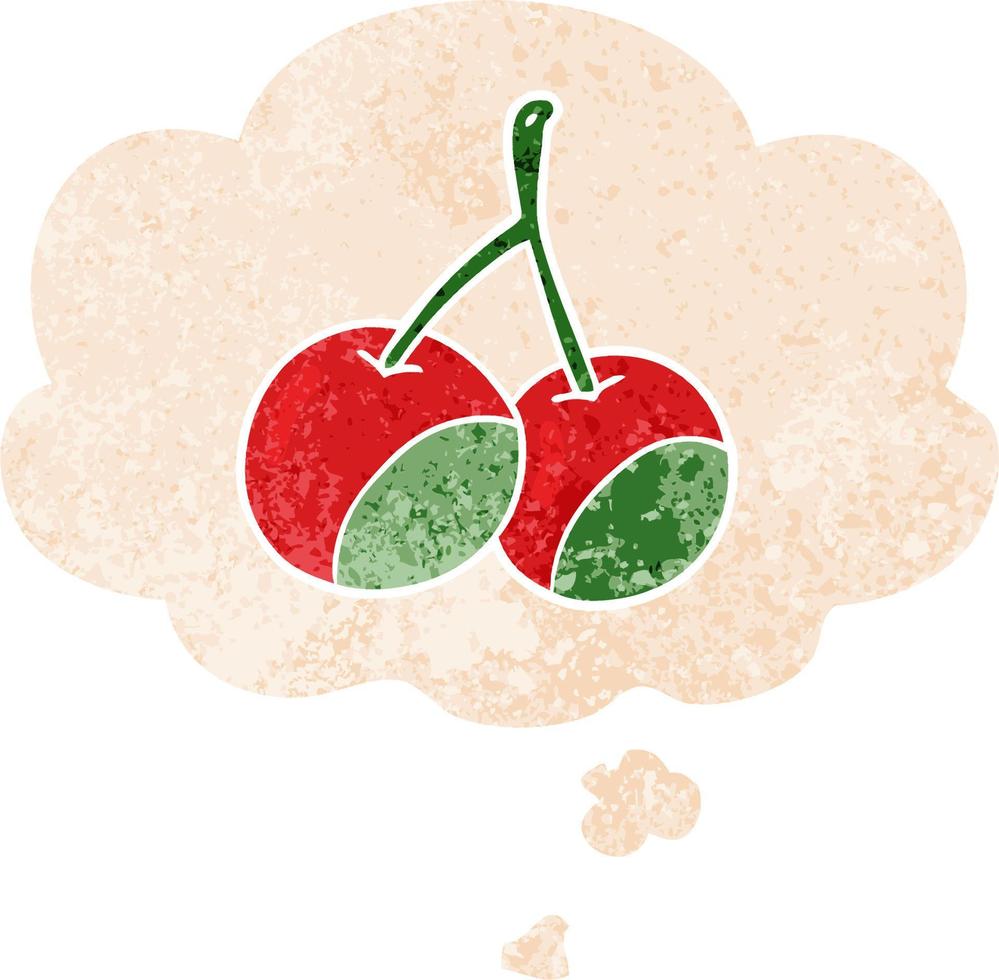 cartoon cherries and thought bubble in retro textured style vector