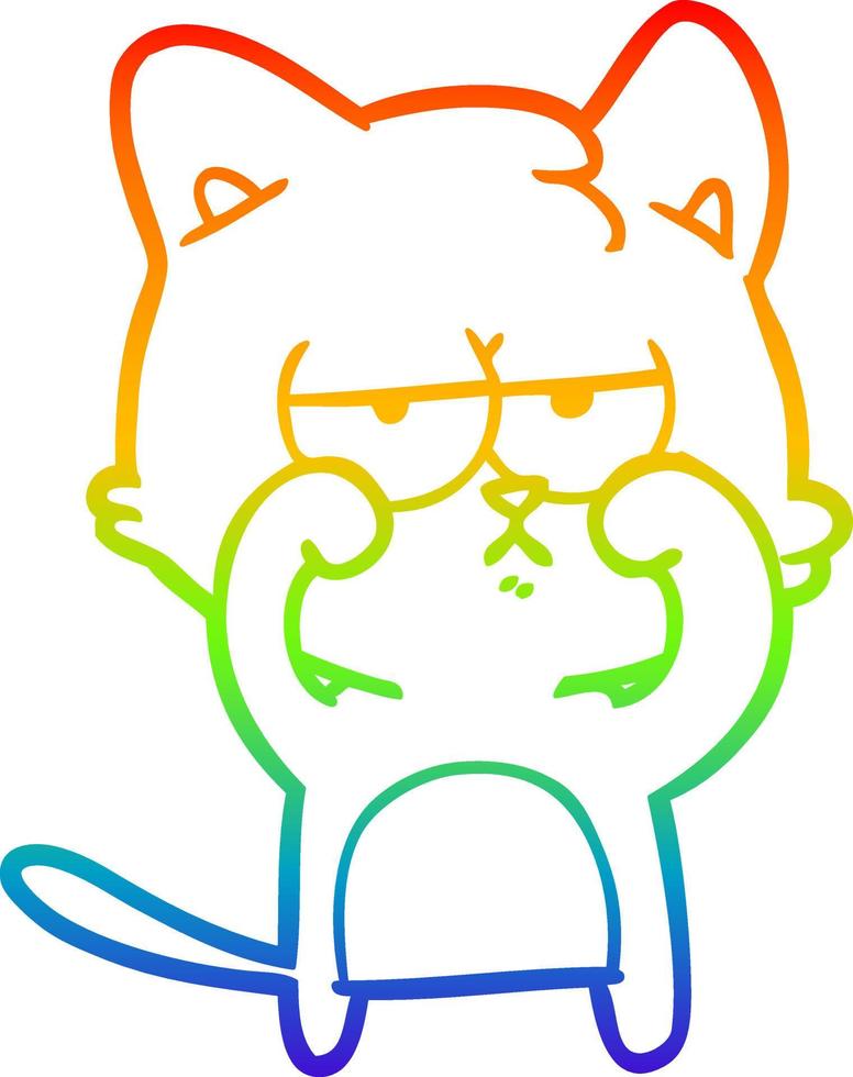 dibujo de línea de gradiente de arco iris gato de dibujos animados cansado frotándose los ojos vector