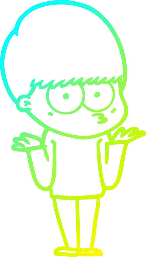 cold gradient line drawing confused cartoon boy shrugging shoulders vector