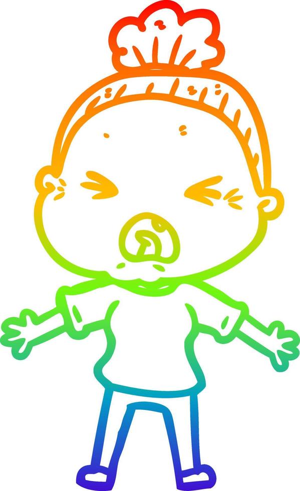 rainbow gradient line drawing cartoon angry old woman vector