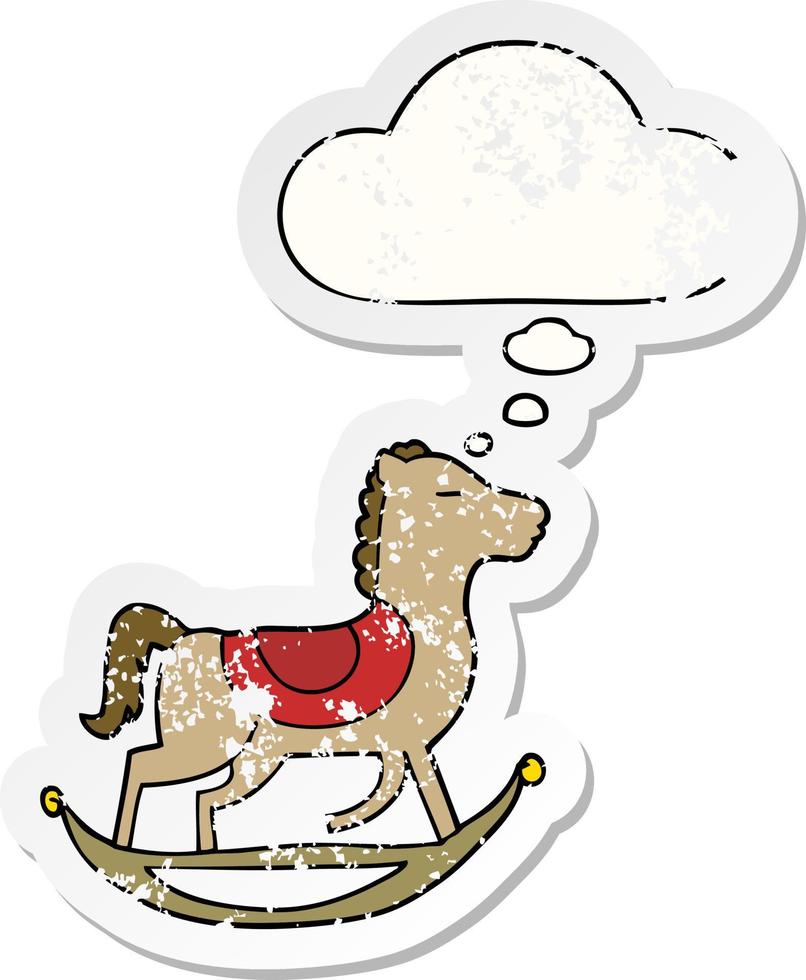 cartoon rocking horse and thought bubble as a distressed worn sticker vector