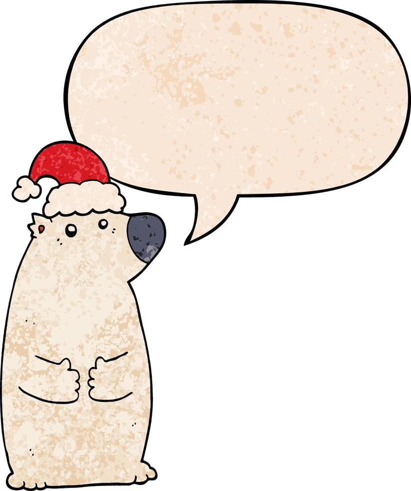 cartoon bear wearing christmas hat and speech bubble in retro texture style vector