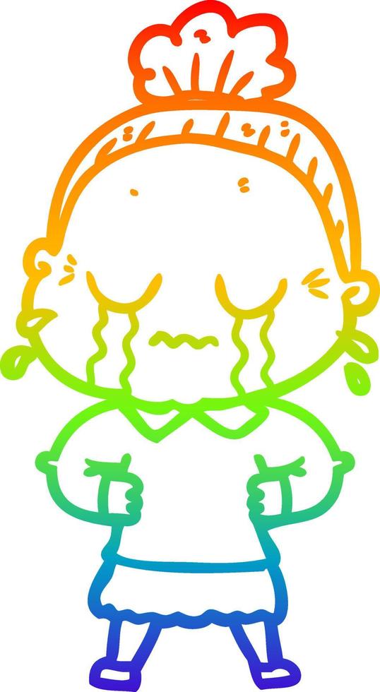 rainbow gradient line drawing cartoon crying old lady vector