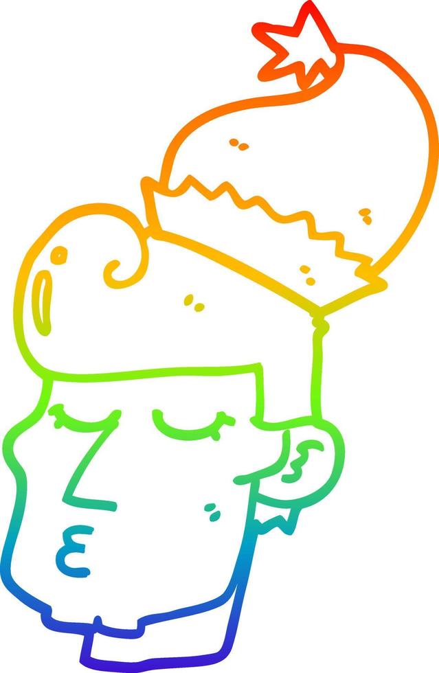 rainbow gradient line drawing cartoon man wearing christmas hat vector