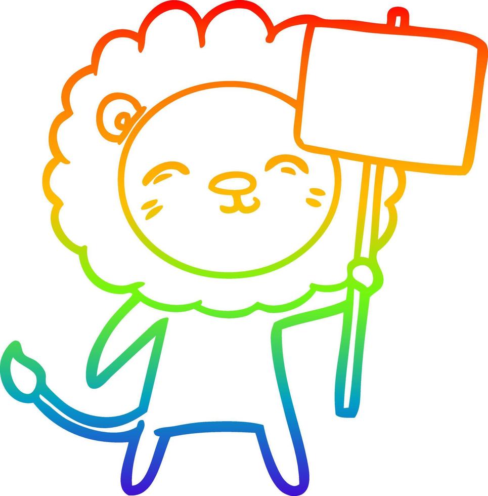 Dibujo de línea de gradiente de arco iris león de dibujos animados con signo de protesta vector