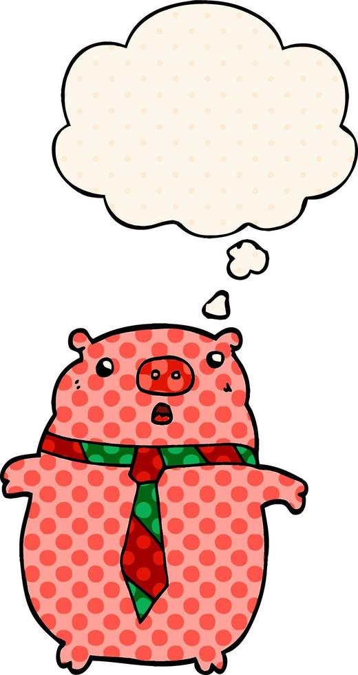 cartoon pig wearing office tie and thought bubble in comic book style vector