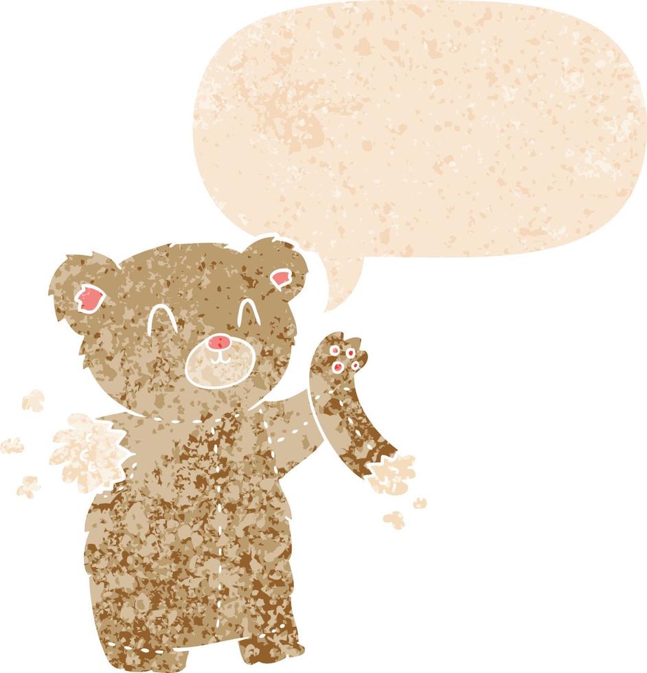 cartoon teddy bear with torn arm and speech bubble in retro textured style vector