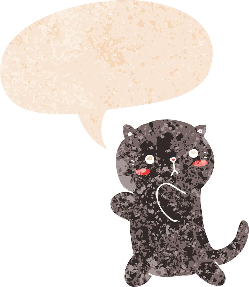 cute cartoon cat and speech bubble in retro textured style vector