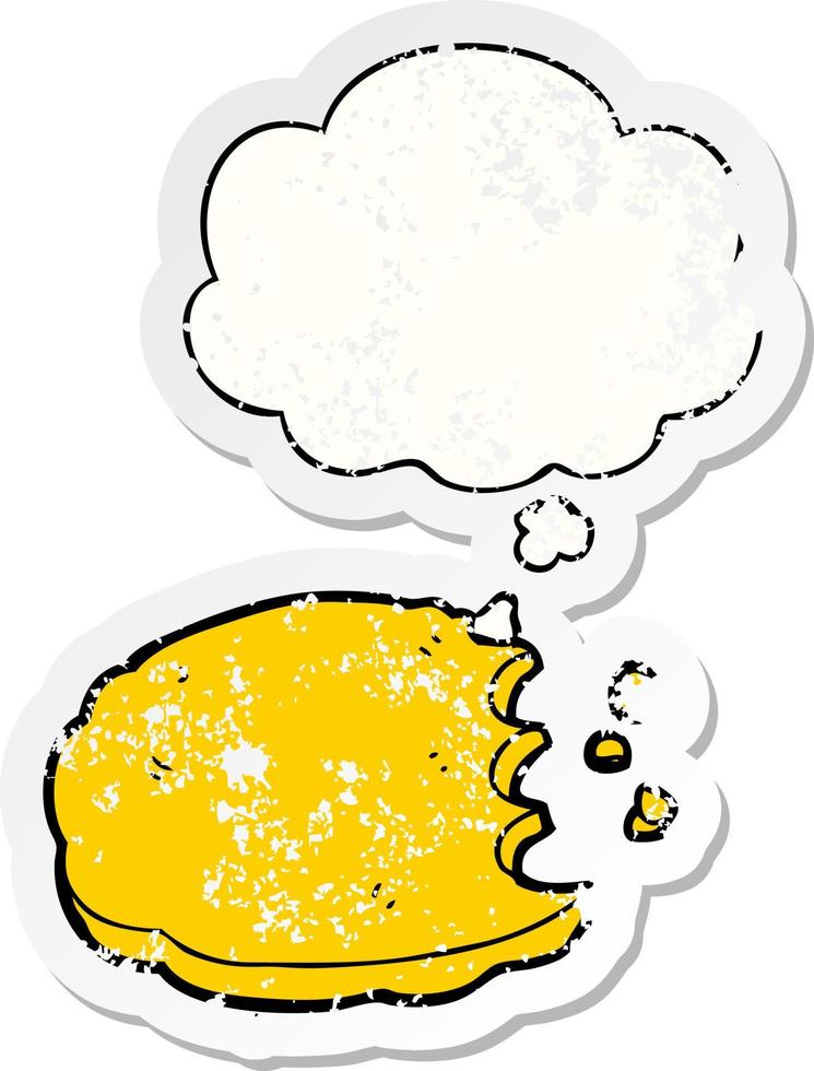 cartoon cookie and thought bubble as a distressed worn sticker vector