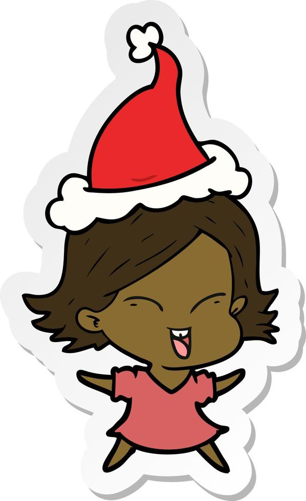 happy sticker cartoon of a girl wearing santa hat vector