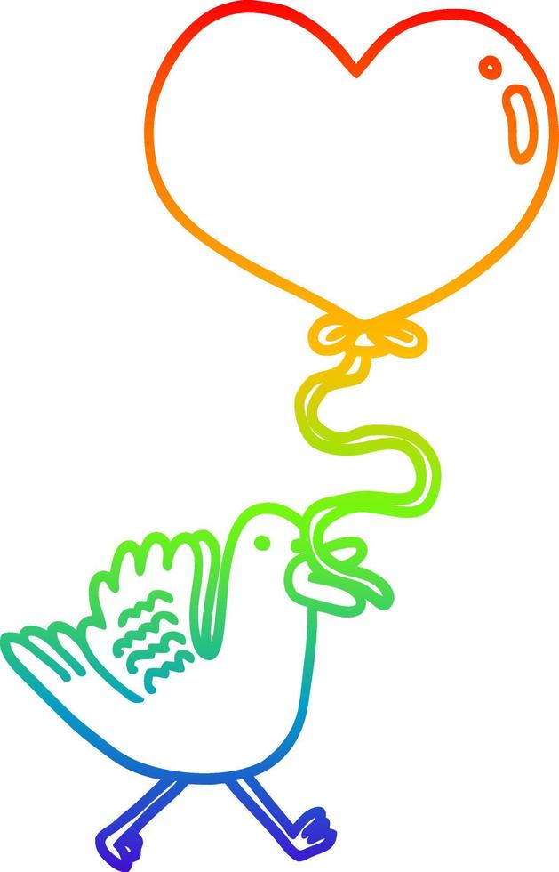 rainbow gradient line drawing cartoon bird with heart balloon vector